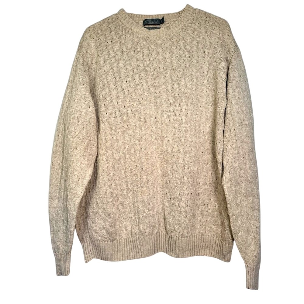 Talbots‎ Mens Sweater Size M Tan 100% Pima Cotton Cable Knit Crew Neck Pullover